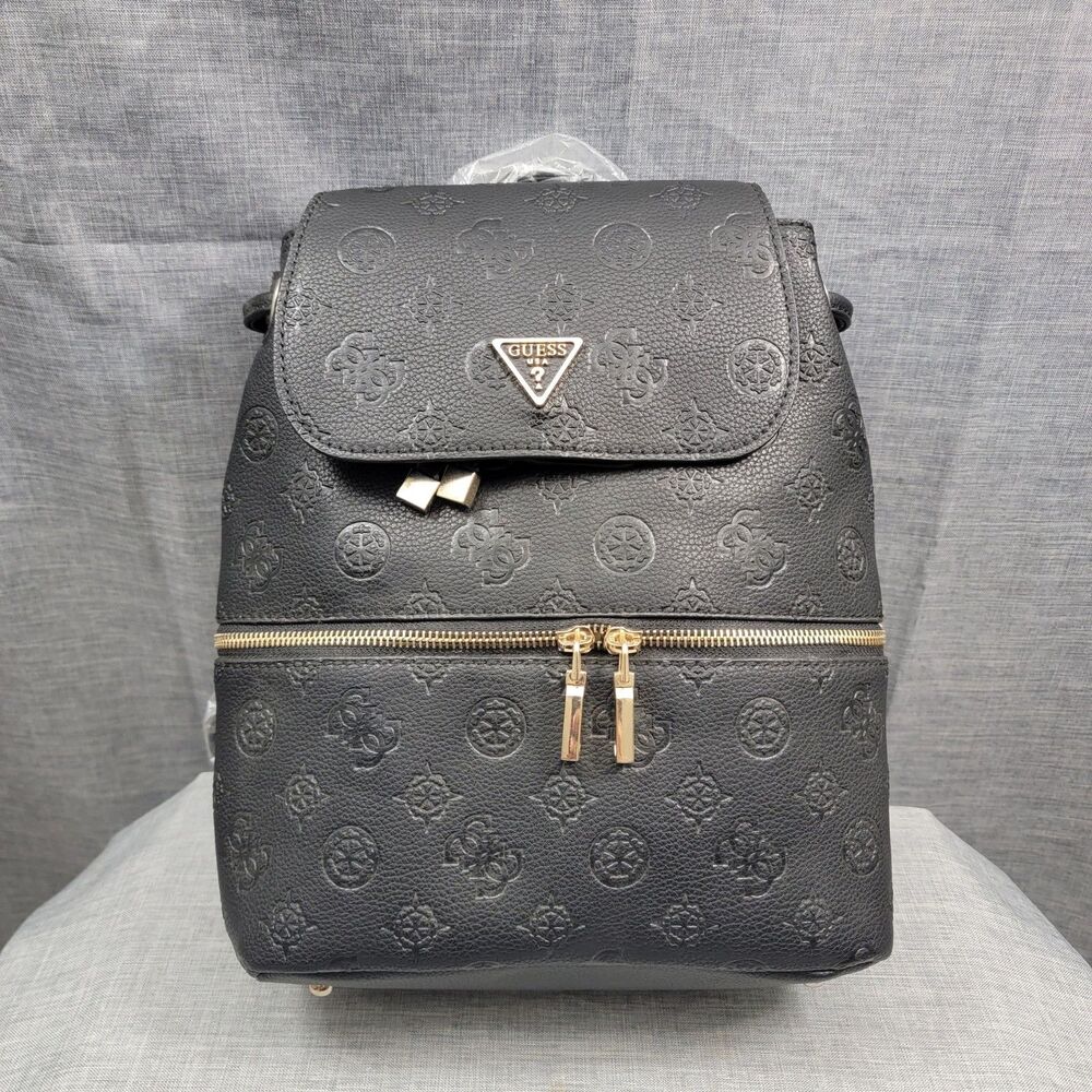 GUESS NEW Helaina BLK Flap Monogram Backpack - Drawstring Zip, Inner Pockets